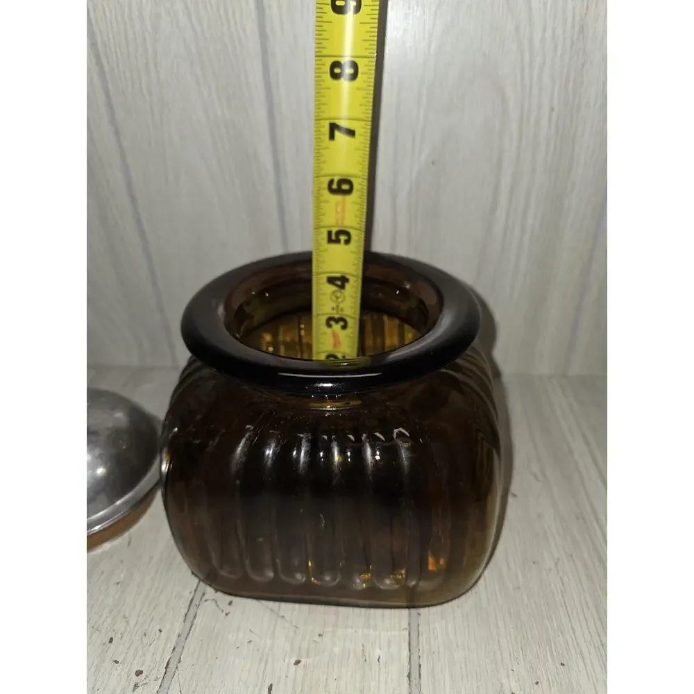 Vintage Artland Ribbed Glass Canister Jar 10” Amber Brown Pewter Lid Apothecary